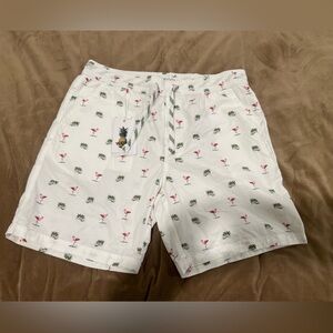 Denim & Flower White Shorts with Green Palm Trees and Pink  flamingos